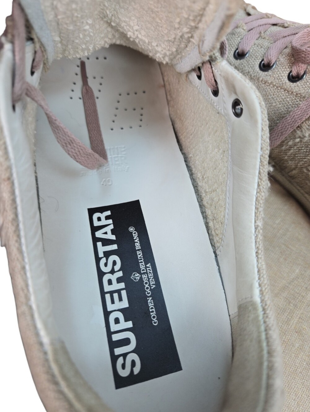Golden Goose Superstar Distressed Linen Glitter Star Sneakers Pink Laces EU 40 - Picture 10 of 16
